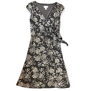 Banana Republic true Wrap Dress  0 Career Knee Length Black/tan Classic v neck